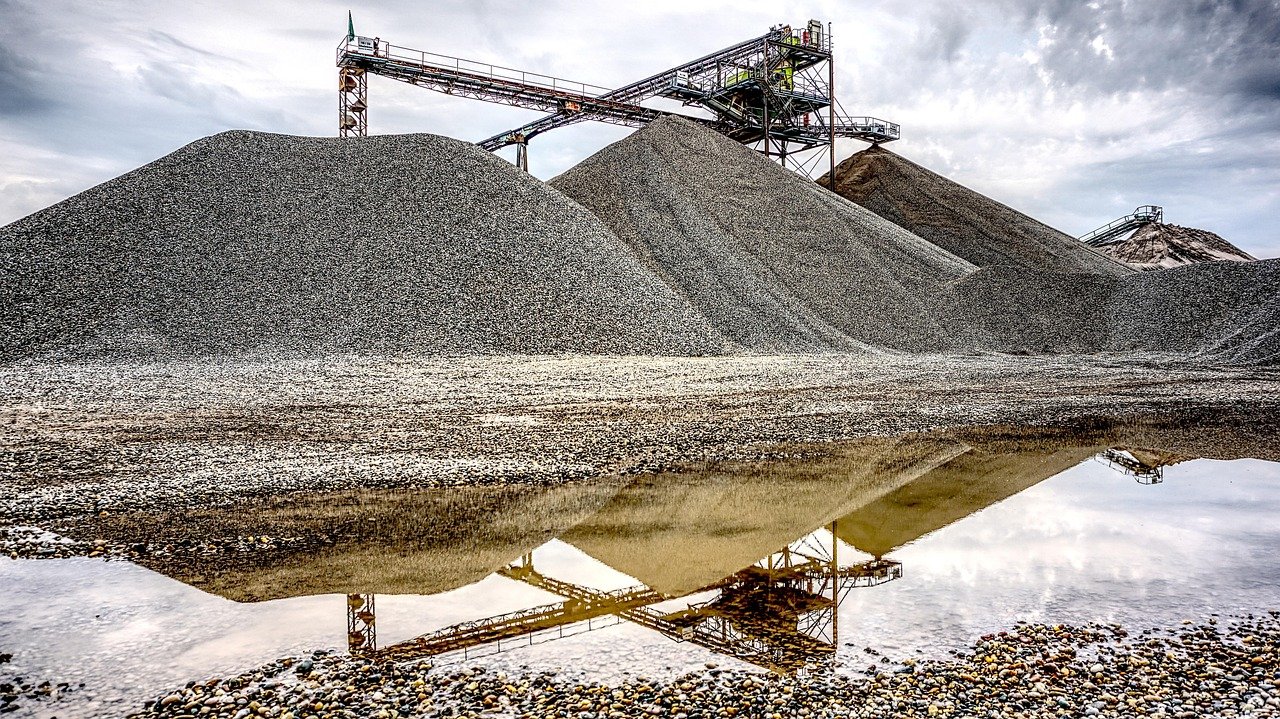 gravel plant, open pit mining, raw materials, reflection, puddle, water, wet removal, conveyor belt, support financially, technology, gravel, hdr, nature, contrast, high dynamic range
