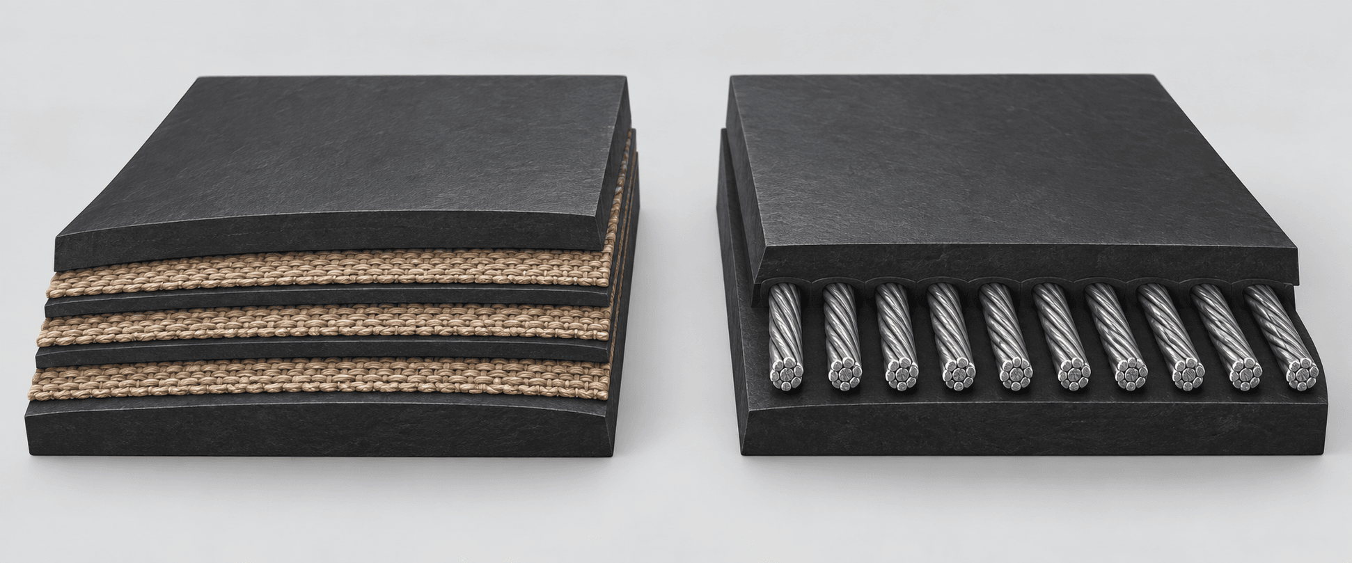 Fabric ply and steel cord conveyor belt cross-section comparison